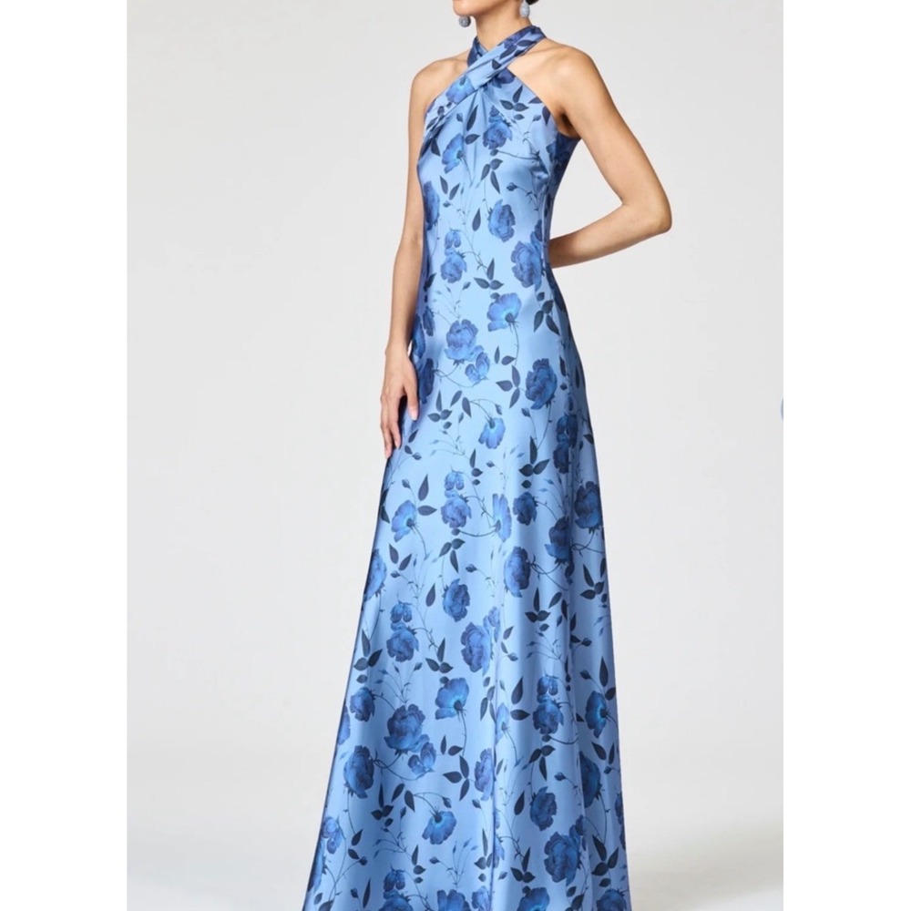 Sachin & Babi Kayla Gown 18W Blue White Floral Halter Bow Neck Maxi Dress